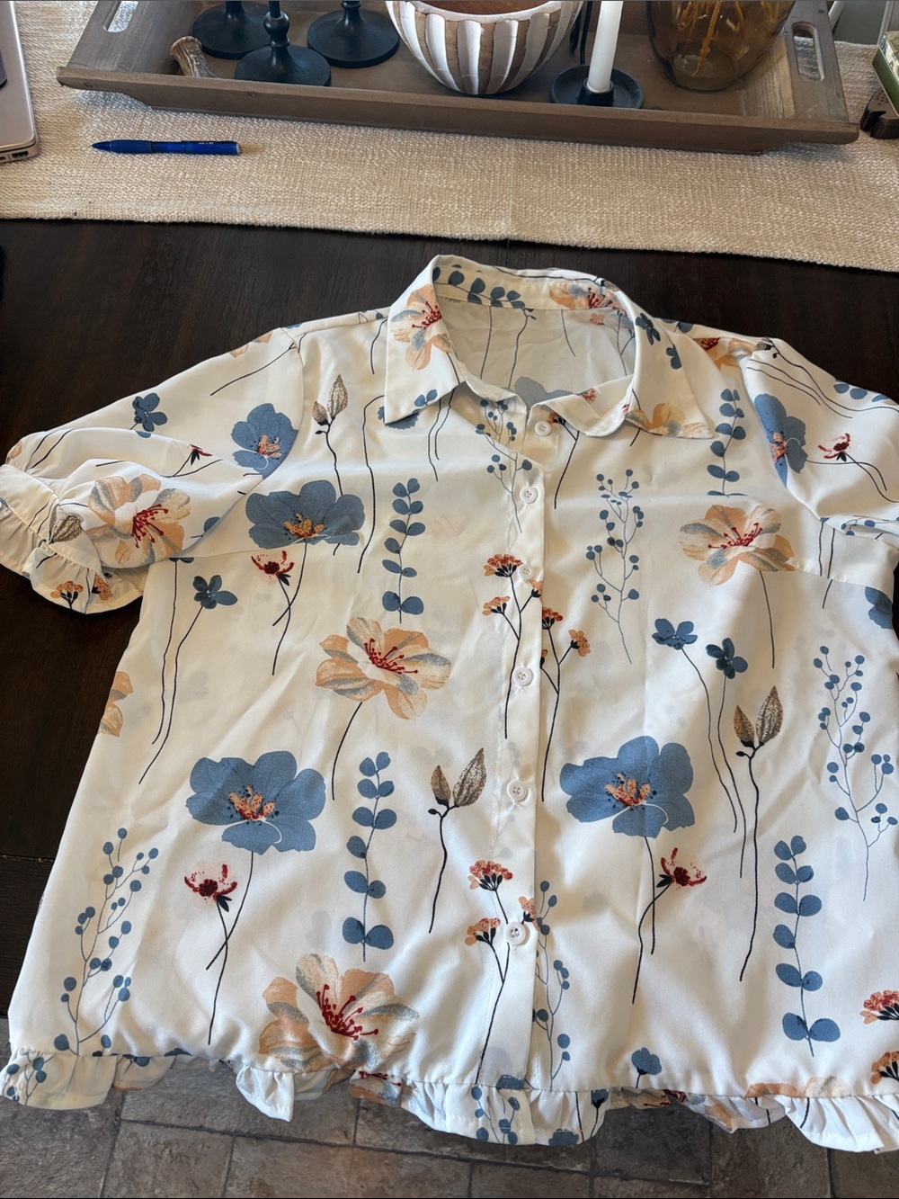 Floral Button-Front Short-Sleeve women Shirt - White with Blue & Peach Flowers